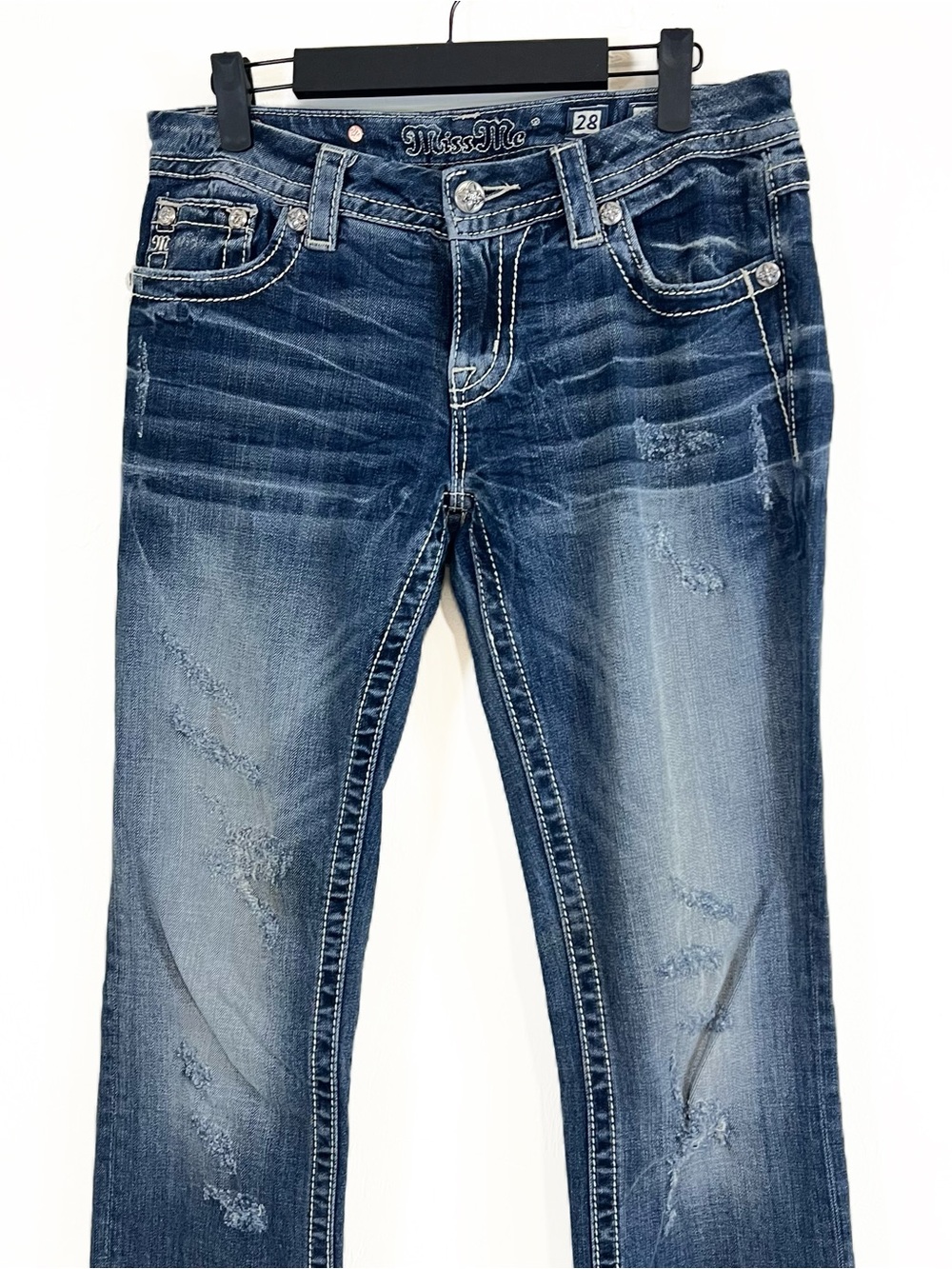 Miss Me Signature Straight Rhinestone Embellished Pockets Denim Jeans Size 28 - Picture 2 of 9